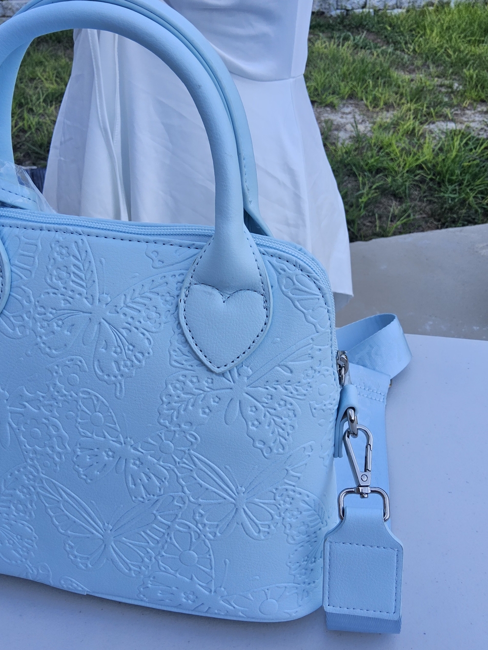 NWT- Light Blue Women's Satchel Handbag with Heart Handles and Pom-Pom Charm - Picture 5 of 5